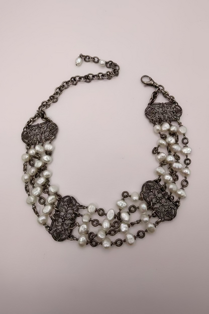 Vintage Silver Freshwater Pearl Rococo Gothic Choker Necklace