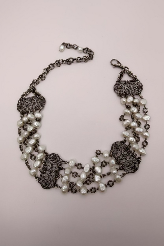 Vintage Silver Freshwater Pearl Rococo Gothic Choker Necklace