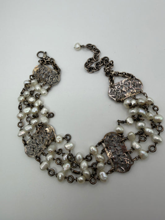 Vintage Silver Freshwater Pearl Rococo Gothic Choker Necklace