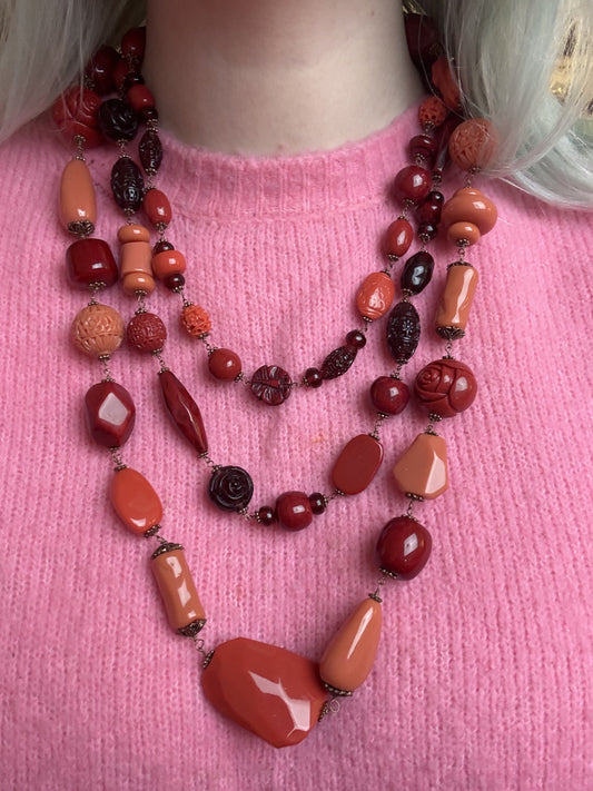 Vintage Carved Celluloid Coral Triple Strand Statement Necklace