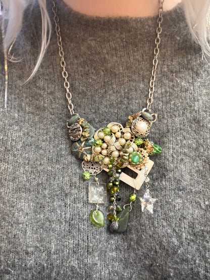Vintage Sarah Jane Pearl & Green Stone Cluster Statement Necklace