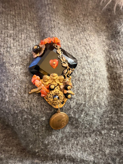 Vintage Sarah Jane Victorian Revival Cherub & Locket Statement Brooch