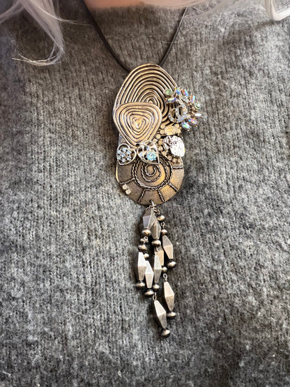 Vintage Sarah Jane Gunmetal Spiral Statement Pendant with Bead Fringe