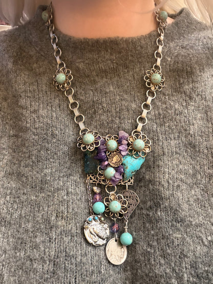 Vintage Sarah Jane Turquoise & Amethyst Chip Statement Necklace with Buffalo Nickel Charm