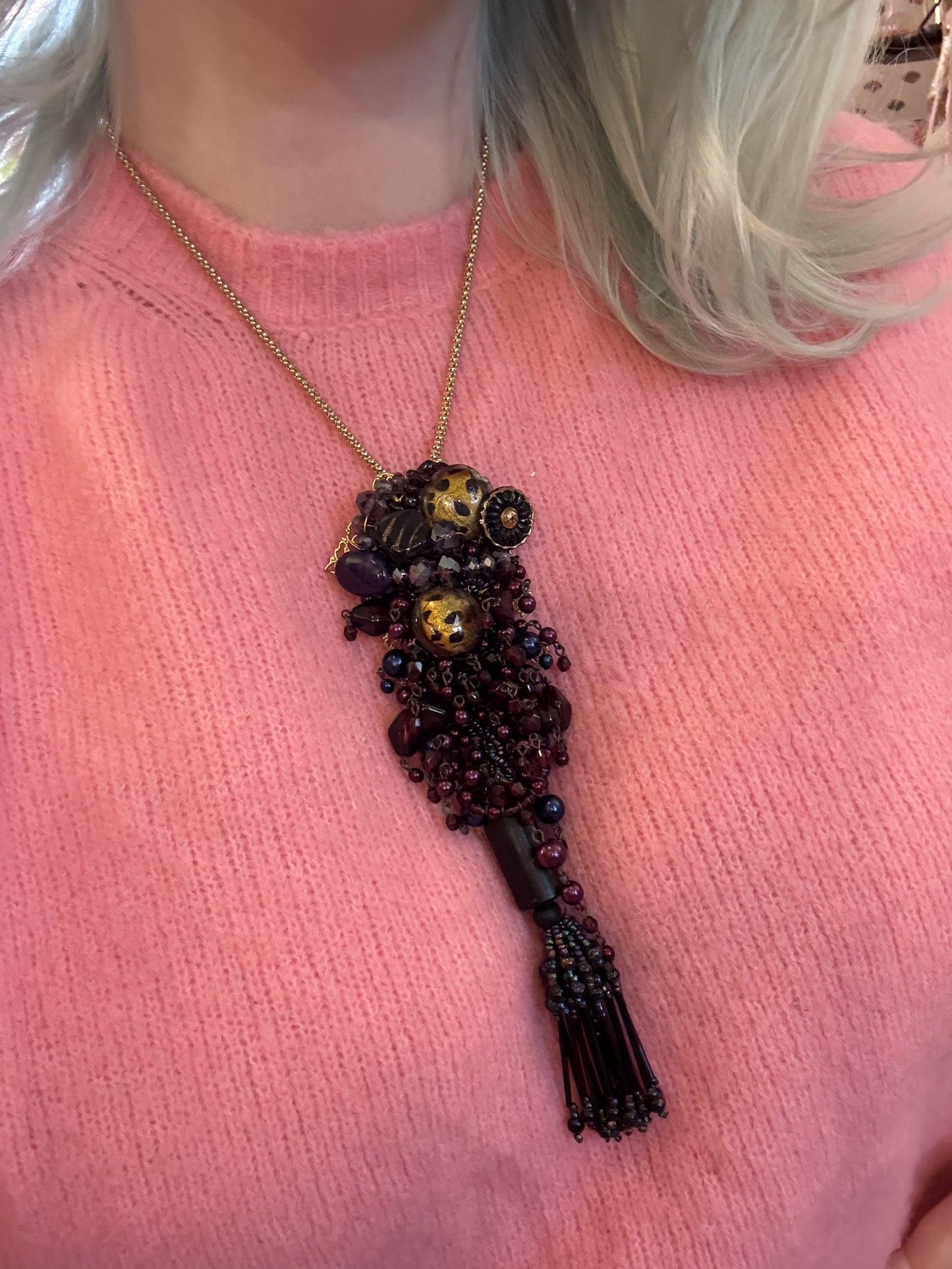 Vintage Sarah Jane Beaded Fringe Collage Pendant Charm