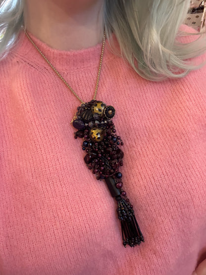 Vintage Sarah Jane Beaded Fringe Collage Pendant Charm