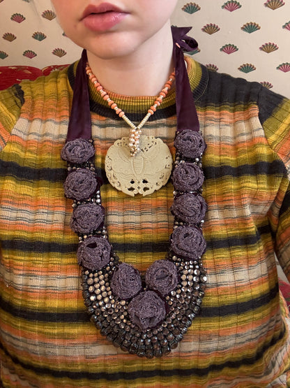 Vintage Lilac Rosette Rhinestone Sequin Bib Statement Necklace