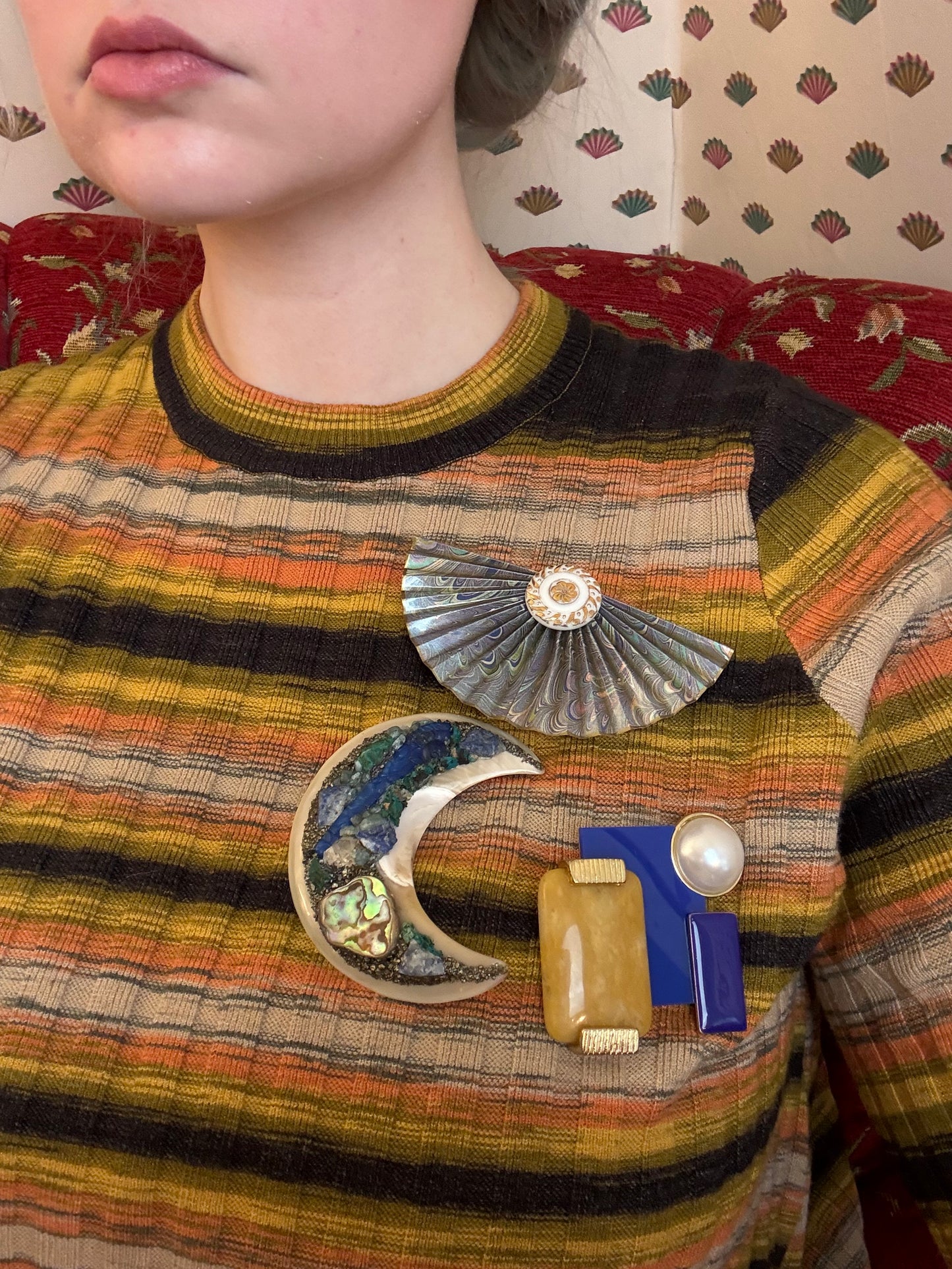 Vintage Huge Metallic Retro Fan Brooch