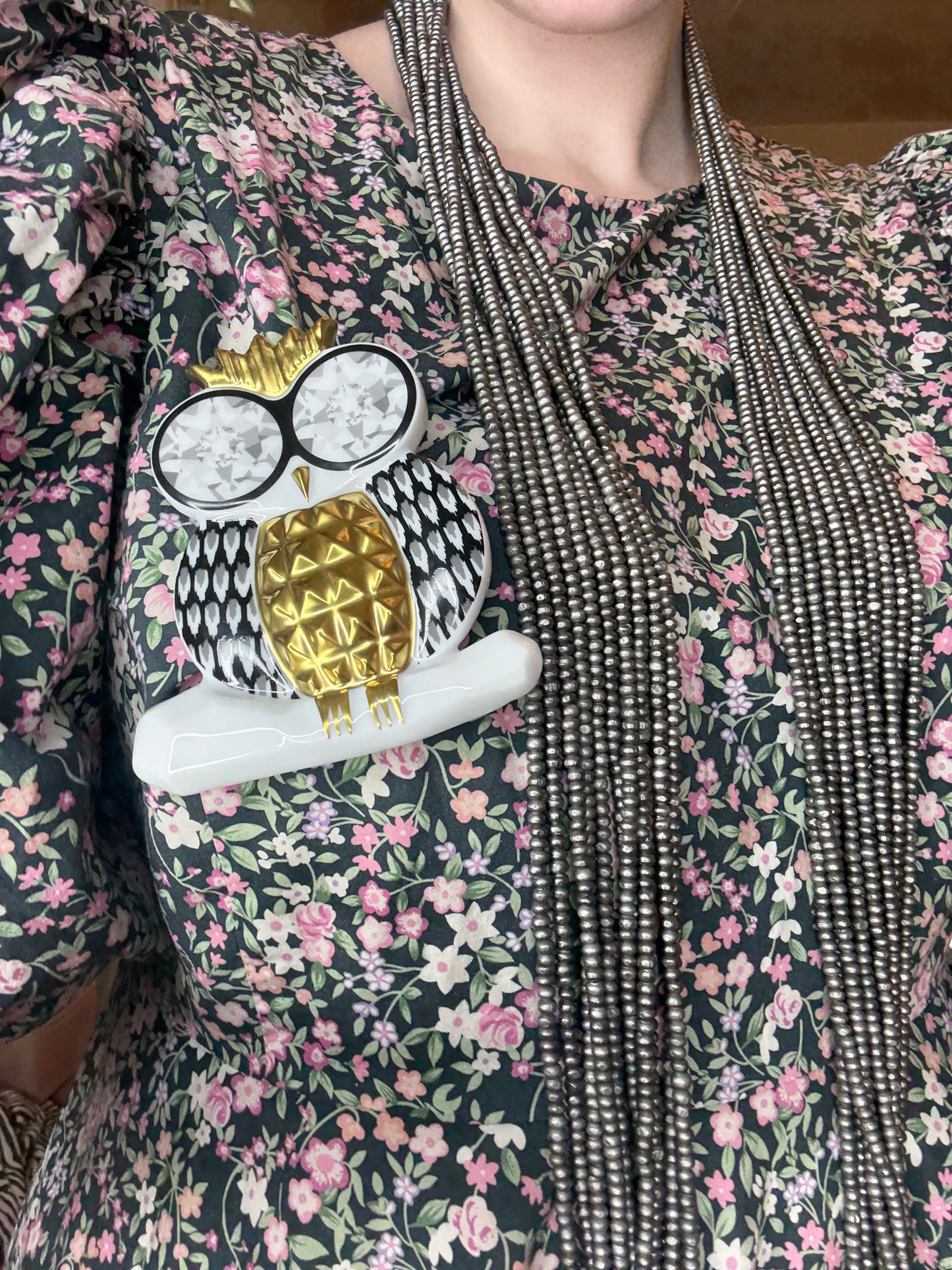 Iris Apfel's Documented Bernardaud 22K Gold & Porcelain Owl Brooch