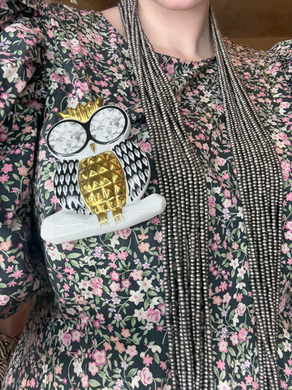 Iris Apfel's Documented Bernardaud 22K Gold & Porcelain Owl Brooch