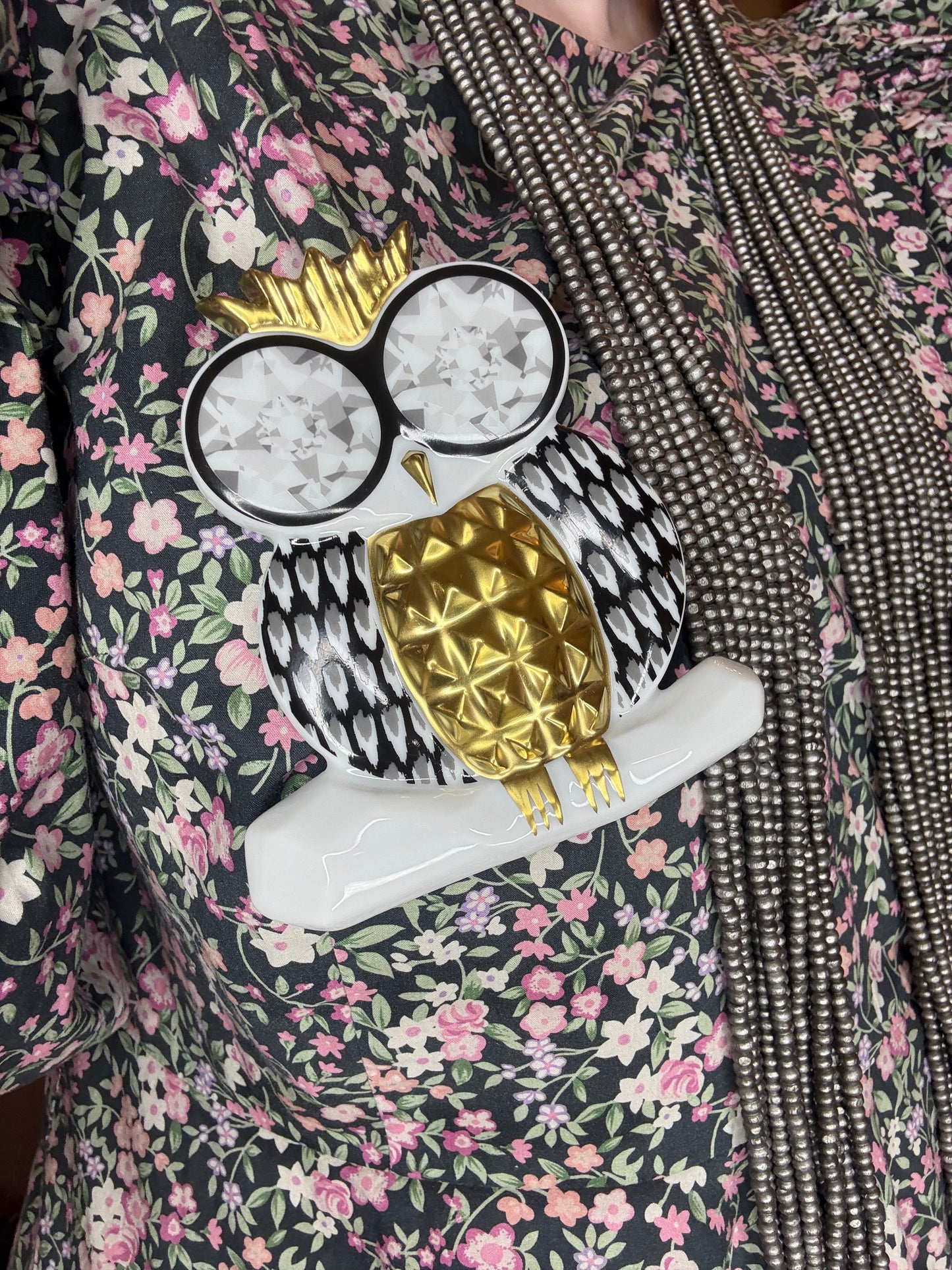 Iris Apfel's Documented Bernardaud 22K Gold & Porcelain Owl Brooch