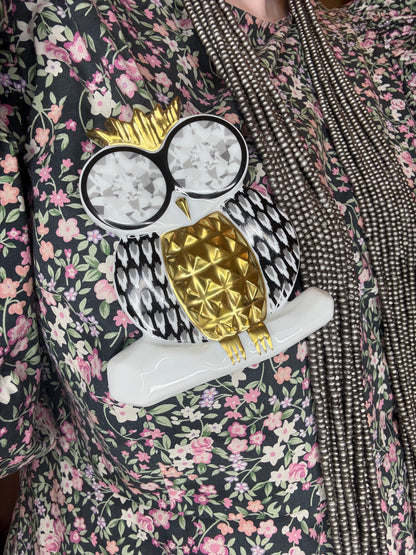 Iris Apfel's Documented Bernardaud 22K Gold & Porcelain Owl Brooch