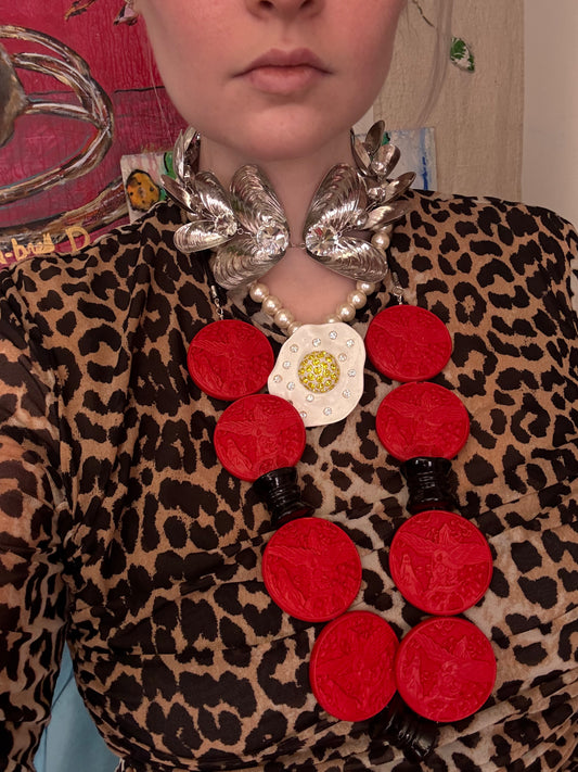 Iris Apfel's Vintage Oversize Cinnabar Crane & Ceramic Bead Necklace