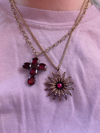 Antique 10K Gold Georgian Foiled Flat Cut Garnet Cross Charm Brooch