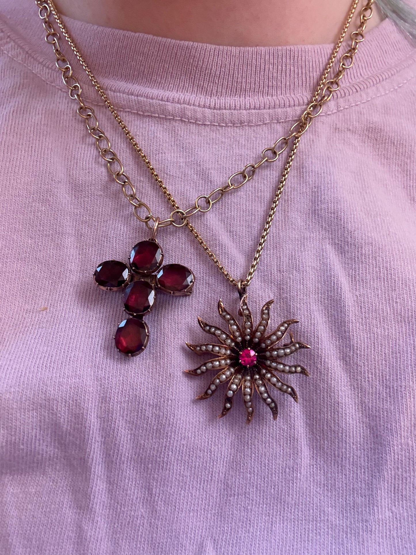 Antique 10K Gold Victorian Pearl & Ruby Sunburst Charm Brooch