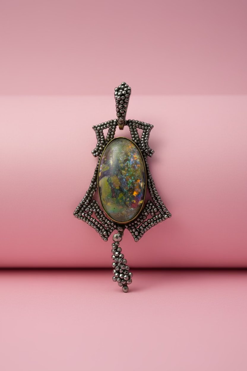 Antique Victorian Cut Steel Foil Opal Glass Pendant