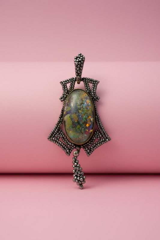 Antique Victorian Cut Steel Foil Opal Glass Pendant