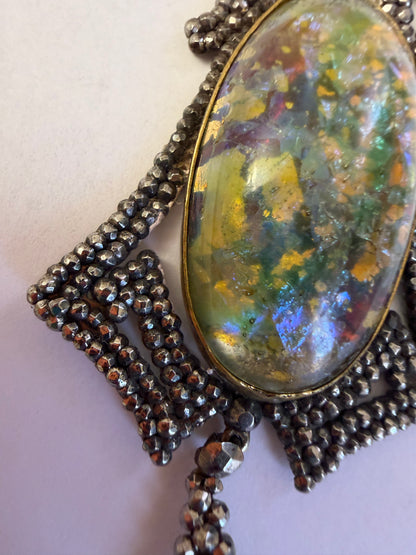 Antique Victorian Cut Steel Foil Opal Glass Pendant