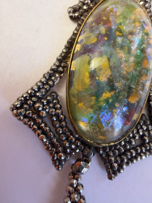 Antique Victorian Cut Steel Foil Opal Glass Pendant