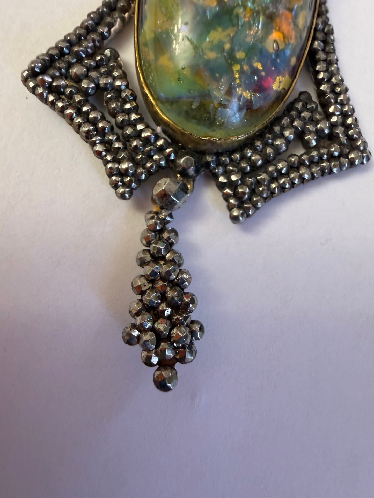 Antique Victorian Cut Steel Foil Opal Glass Pendant