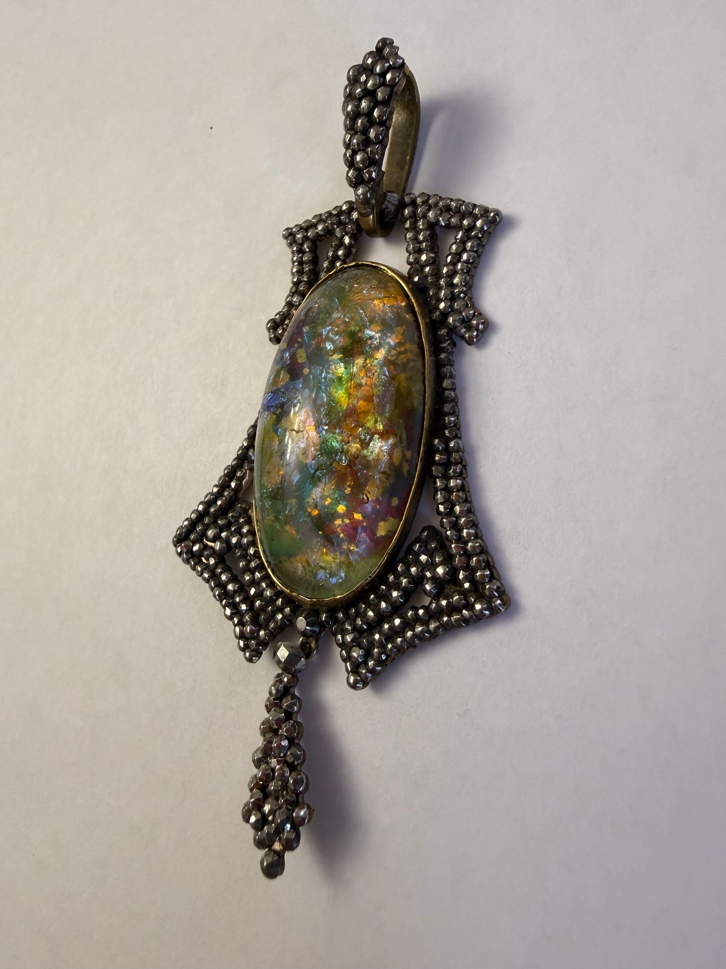 Antique Victorian Cut Steel Foil Opal Glass Pendant