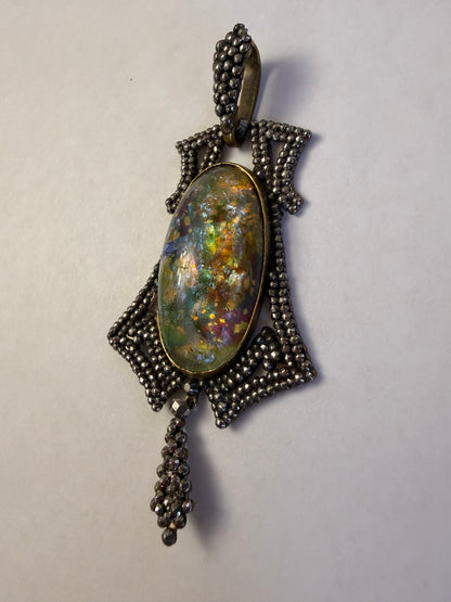 Antique Victorian Cut Steel Foil Opal Glass Pendant
