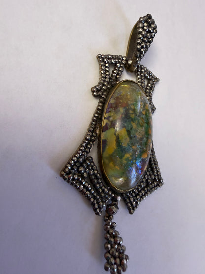 Antique Victorian Cut Steel Foil Opal Glass Pendant