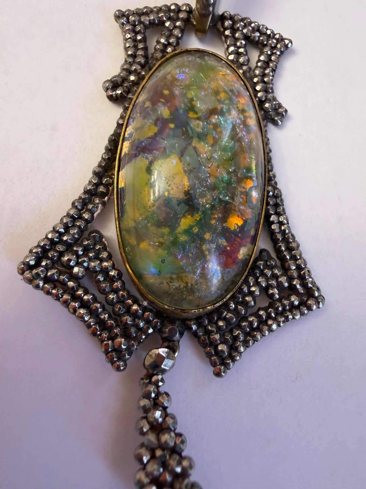 Antique Victorian Cut Steel Foil Opal Glass Pendant
