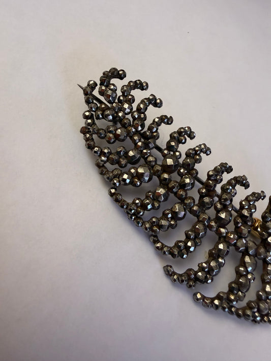 Antique Victorian Cut Steel Large Dramatic Feather Brooch