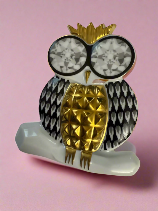 Iris Apfel's Documented Bernardaud 22K Gold & Porcelain Owl Brooch