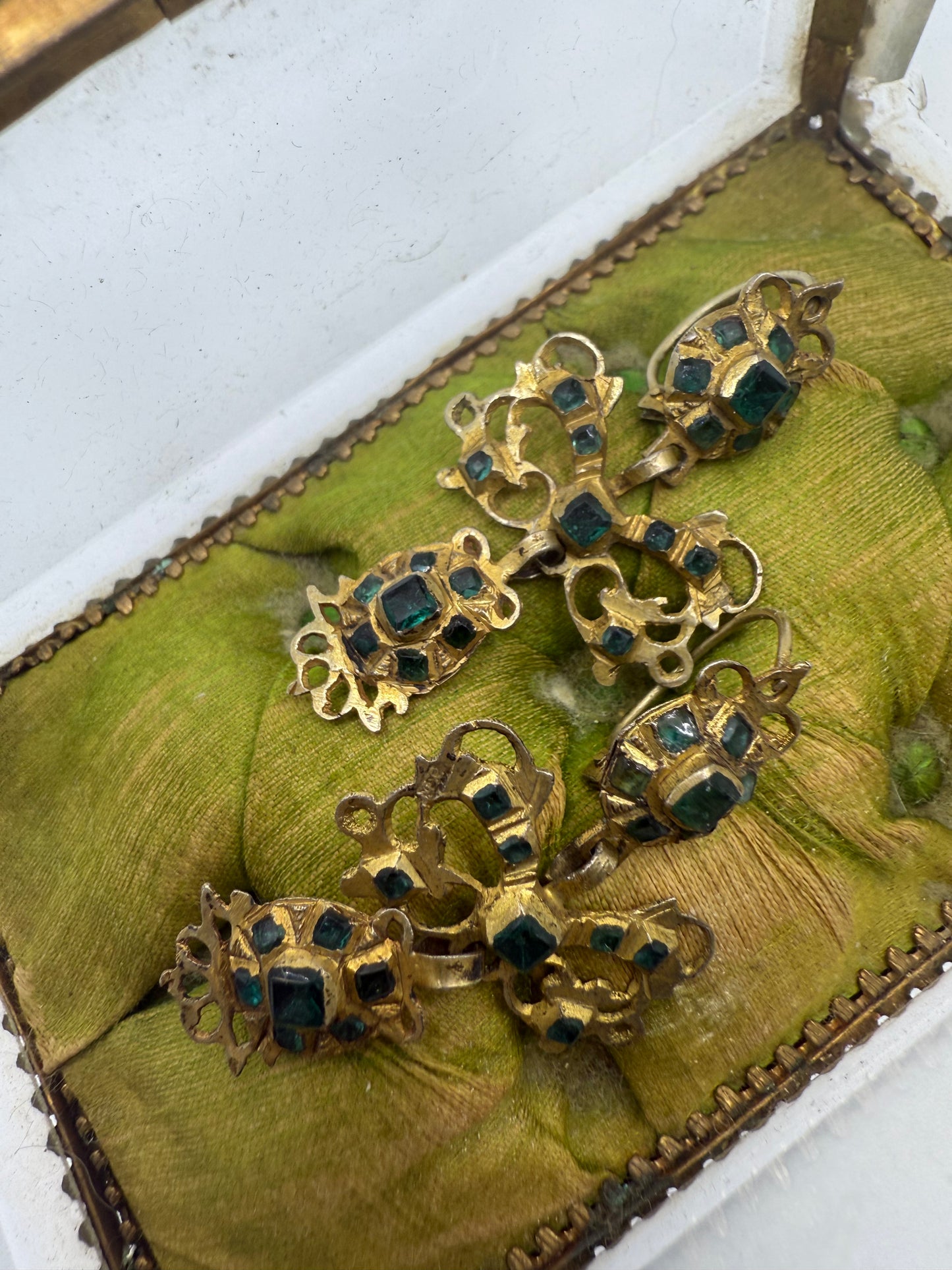 Iris Apfel's Antique Iberian Gold Green Bow Dangle Earrings