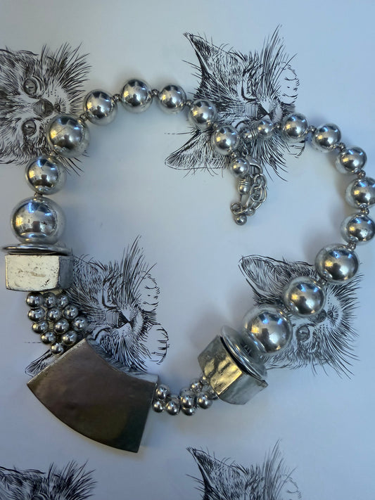 Vintage French Modernist Chunky Silver Geometric Necklace