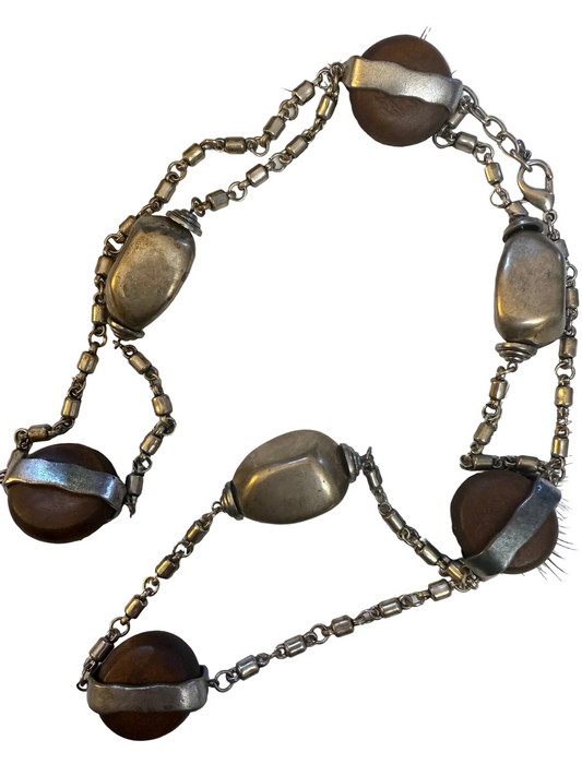 Vintage French Modernist Extra Long Silver Wood Necklace