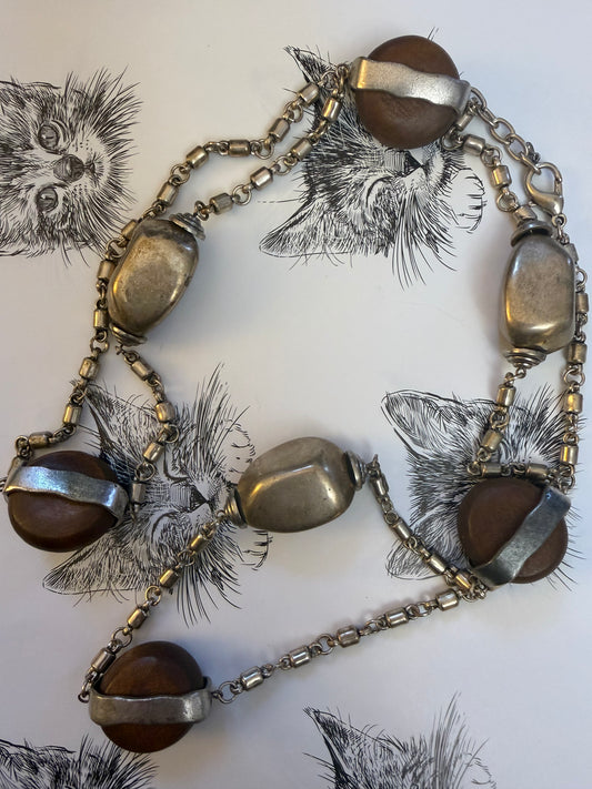 Vintage French Modernist Extra Long Silver Wood Necklace