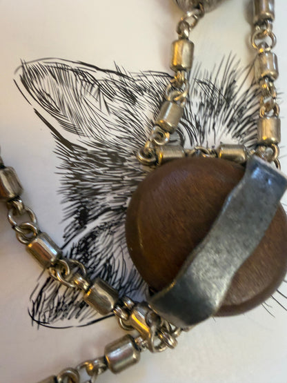 Vintage French Modernist Extra Long Silver Wood Necklace