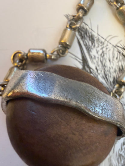 Vintage French Modernist Extra Long Silver Wood Necklace