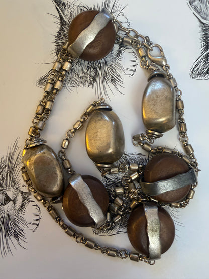 Vintage French Modernist Extra Long Silver Wood Necklace