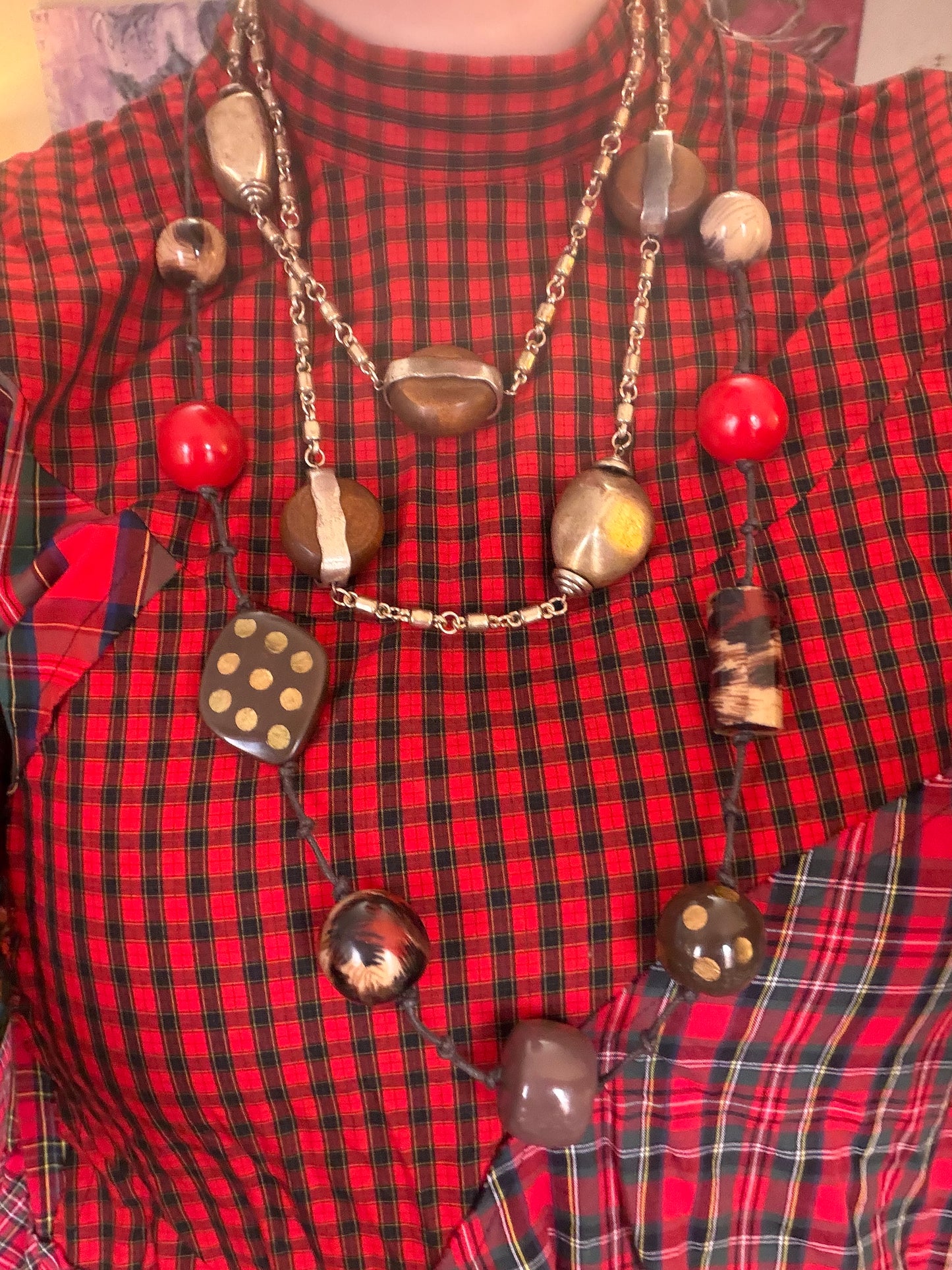 Vintage French Funky Bohemian Wooden Statement Necklace