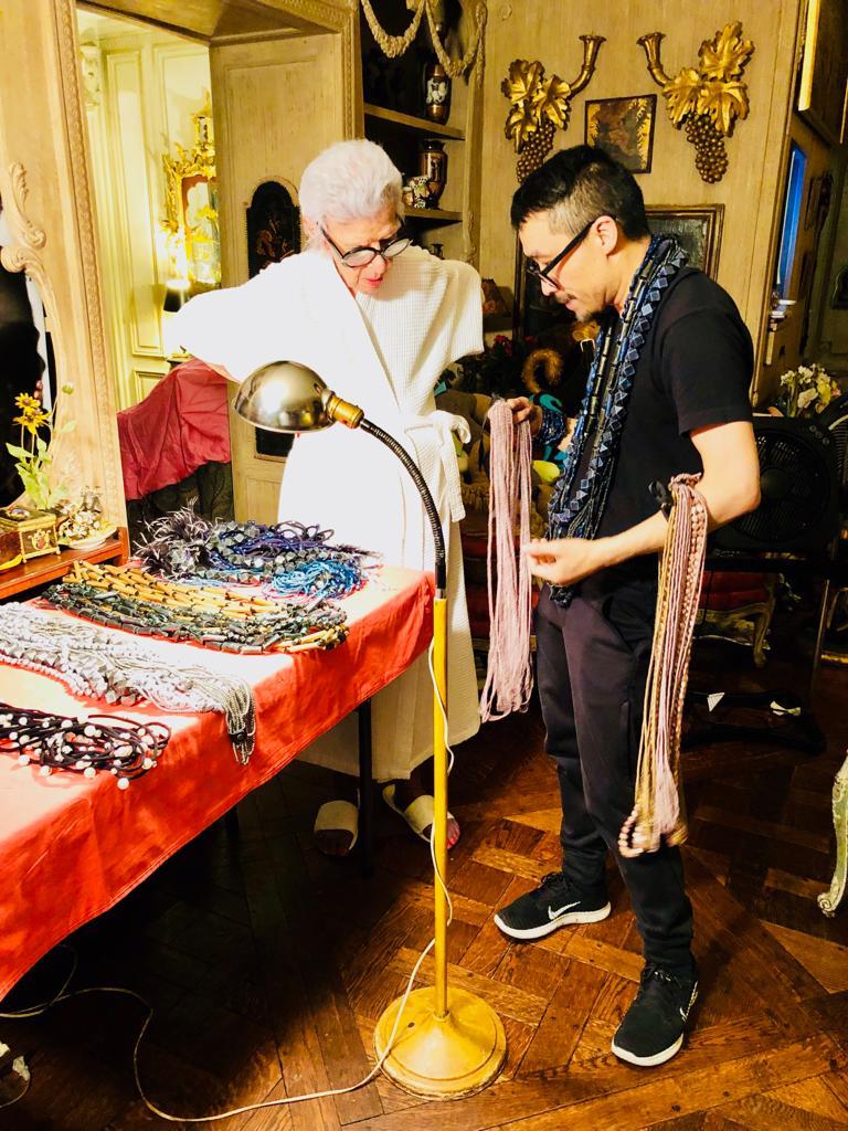 Iris Apfel's Vintage Dark Gray Jianhui London Extra Long Wood Beaded Necklace