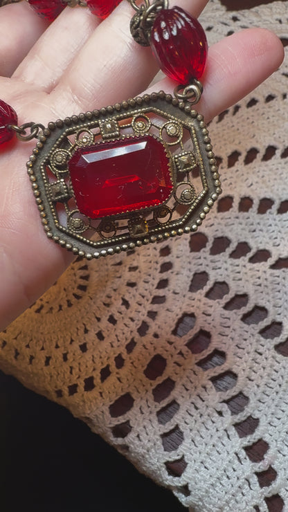 Vintage Red Art Deco Czech Glass Necklace
