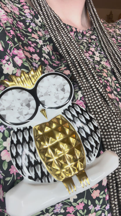 Iris Apfel's Documented Bernardaud 22K Gold & Porcelain Owl Brooch
