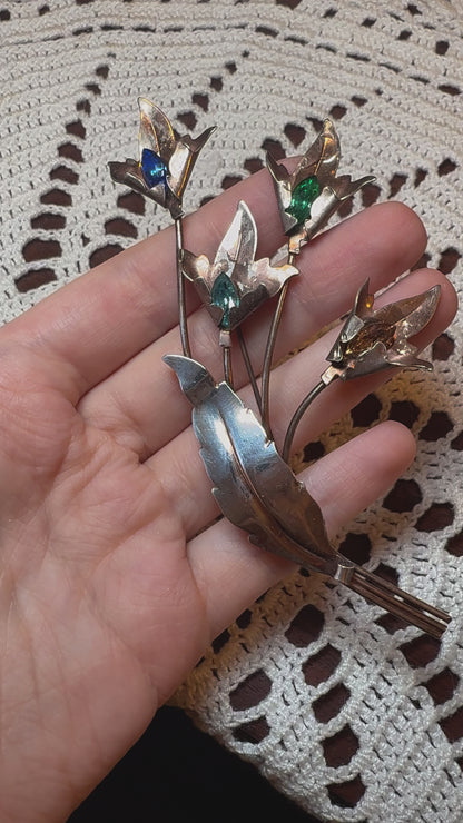 Vintage Massive Sterling Silver Rhinestone Flower Brooch