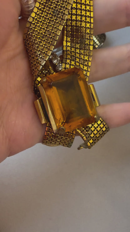 Vintage Citrine Rhinestone Chainmail Mesh Necklace
