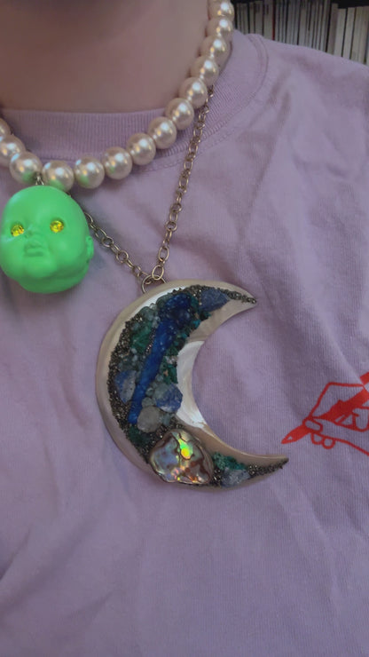 One-of-a-Kind Huge Mother of Pearl Gemstone Crescent Moon Pendant Brooch