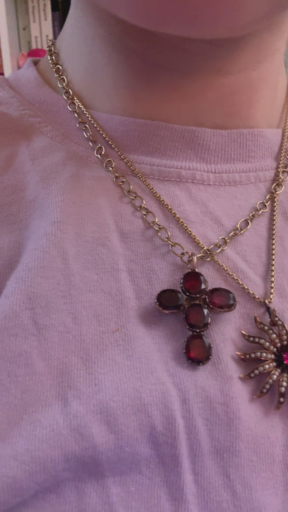 Antique 10K Gold Georgian Foiled Flat Cut Garnet Cross Charm Brooch