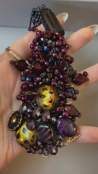 Vintage Sarah Jane Beaded Fringe Collage Pendant Charm