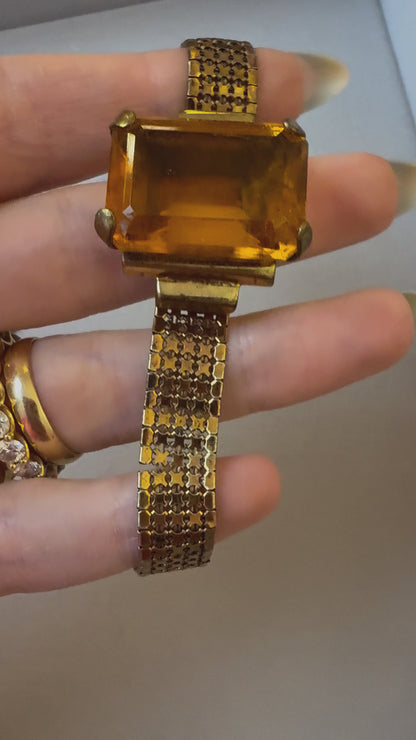 Vintage Citrine Rhinestone Chainmail Mesh Bracelet