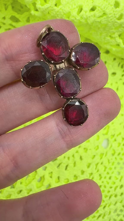 Antique 10K Gold Georgian Foiled Flat Cut Garnet Cross Charm Brooch