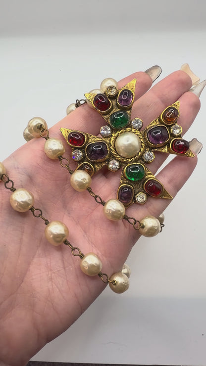 Vintage Chanel 1985 Gripoix Pearl Maltese Cross Statement Necklace