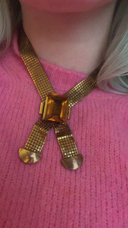 Vintage Citrine Rhinestone Chainmail Mesh Necklace